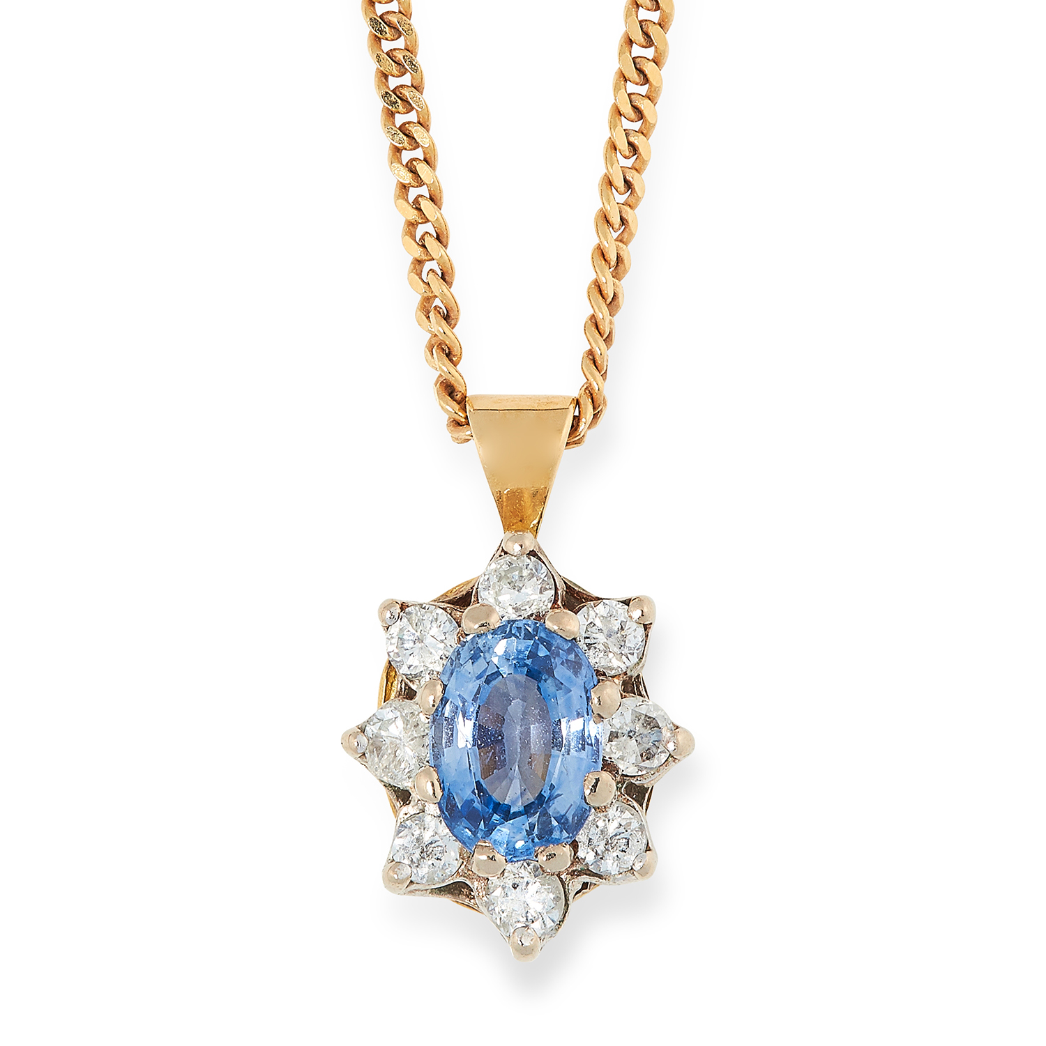 SAPPHIRE AND DIAMOND CLUSTER PENDANT set with an oval cut sapphire and round cut diamonds, 1cm, 4.