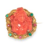 ANTIQUE CORAL, EMERALD AND RUBY CAMEO BROOCH, 19TH CENTURY comprising of carved coral cameo