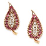 VINTAGE RUBY AND DIAMOND CLIP BROOCHES in leaf motif set with round cut diamonds and cabochon