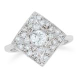 DIAMOND DRESS RING in square design, set with an old European cut diamond in a border of further