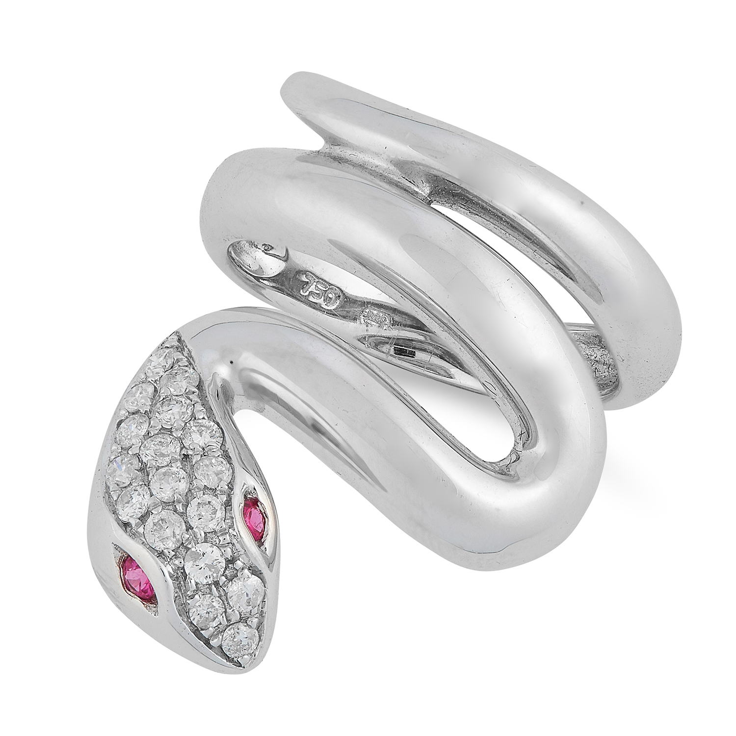 RUBY AND DIAMOND SNAKE RING set with round cut rubies and diamonds, size K / 5, 6.9g.