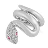 RUBY AND DIAMOND SNAKE RING set with round cut rubies and diamonds, size K / 5, 6.9g.
