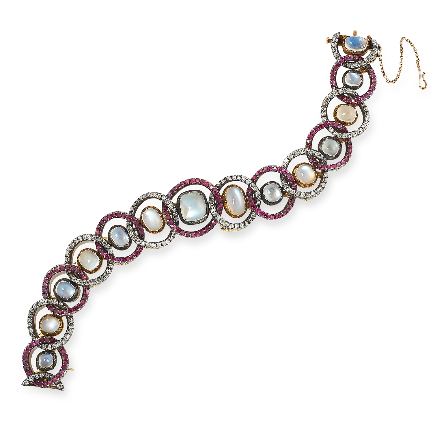 ANTIQUE MOONSTONE, RUBY AND DIAMOND BRACELET, 19TH CENTURY set with cabochon moonstones in borders