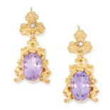 ANTIQUE AMETHYST AND PEARL EARRINGS in scrolling foliate design each set with a pearl above an