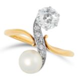 ANTIQUE NATURAL SALTWATER PEARL AND DIAMOND TOI ET MOI RING set with an old cut diamond of