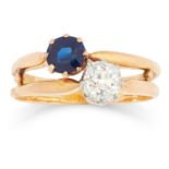 DIAMOND AND SAPPHIRE RING set with an old round cut diamond and a cushion cut sapphire, size M /