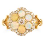 ANTIQUE OPAL AND DIAMOND CLUSTER RING set with a central old round cut diamond in a cluster of