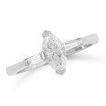 DIAMOND DRESS RING comprising of a marquise cut diamond between two tapered baguette cut diamonds,