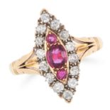 ANTIQUE GARNET AND DIAMOND CLUSTER RING set with cushion cut garnets in a marquise border set with