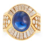 SAPPHIRE AND DIAMOND CLUSTER RING set with a cabochon sapphire of approximately 3.40 carats in a