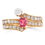 ANTIQUE SPINEL AND DIAMOND RING set with a cushion cut spinel, an old cut diamond and rose cut