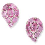 PINK SAPPHIRE AND DIAMOND EARRINGS in teardrop form, set with oval cut pink sapphires and round