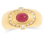 RUBY AND DIAMOND DRESS RING set with a cabochon ruby and round and baguette cut diamonds, size L /