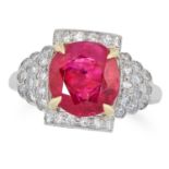 3.43 CARAT BURMA NO HEAT RUBY AND DIAMOND RING in Art Deco design set with a cushion cut ruby of 3.