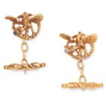 ART NOUVEAU DIAMOND CUFFLINKS one depicting a duck with round cut diamond held in the beak, the