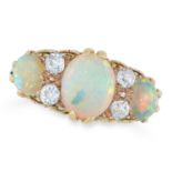 ANTIQUE OPAL AND DIAMOND RING set with three cabochon opals with alternating old cut diamonds,