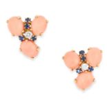 VINTAGE CORAL, SAPPHIRE AND DIAMOND EARRINGS each comprising of a cluster of round cut sapphires,