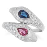 SAPPHIRE, RUBY AND DIAMOND SNAKE RING set with a pear cut sapphire and ruby in a border of round cut