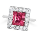 SPINEL AND DIAMOND CLUSTER RING comprising of a rectangular step cut spinel of approximately 2.74