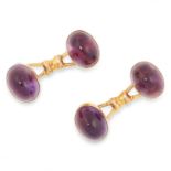 A PAIR OF VINTAGE AMETHYST CUFFLINKS each set with two cabochon amethyst, 6.3g.