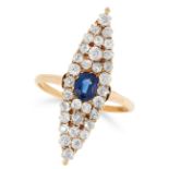 ANTIQUE DIAMOND AND SAPPHIRE RING the marquise face is set with an old cut sapphire and old cut