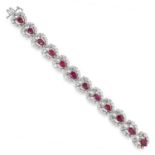 RUBY AND DIAMOND BRACELET comprising of twelve clusters of pear cut rubies in round and baguette cut