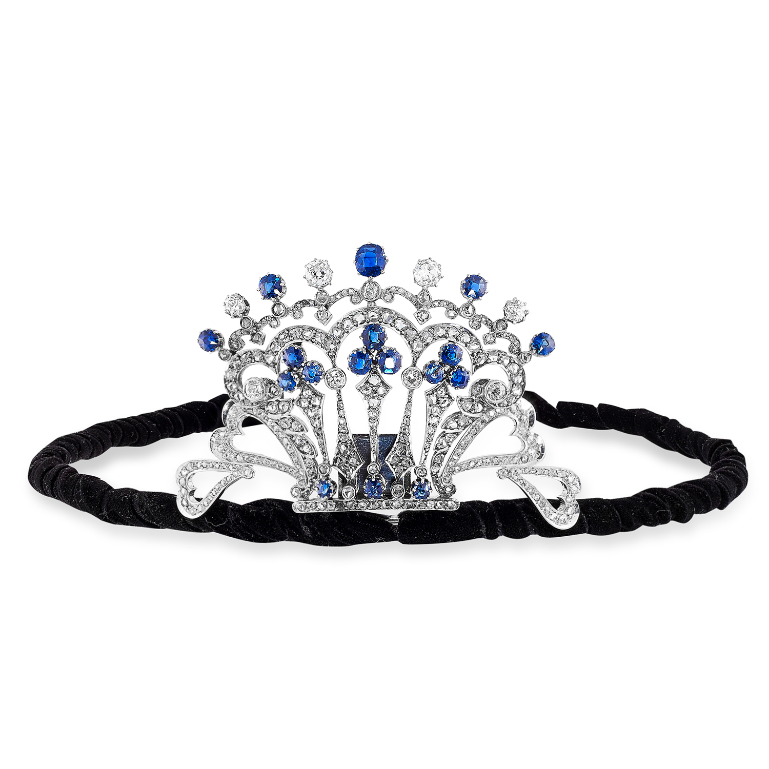 ANTIQUE SAPPHIRE AND DIAMOND TIARA the open framework set with old round and rose cut diamonds and