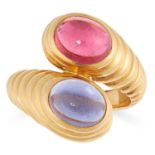 IOLOITE AND TOURMALINE BYPASS RING, BULGARI the banded shank is set with a cabochon iolite and