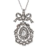 ANTIQUE DIAMOND PENDANT in ribbon and bow motif set with rose cut diamonds, 4.5cm, 9.5g.