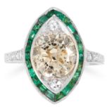 FANCY DIAMOND AND EMERALD RING in Art Deco design, set with an old cut fancy diamond of