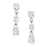 A PAIR OF DIAMOND DROP EARRINGS each set with a row of five alternating round and marquise cut