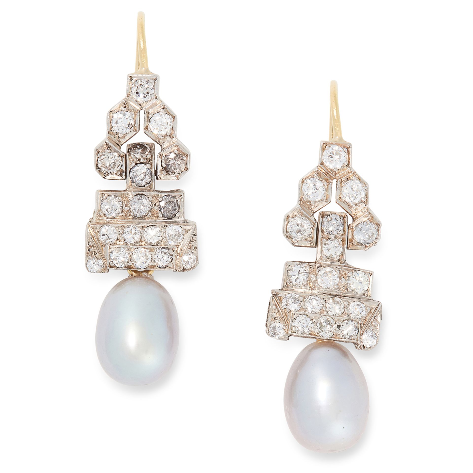 A PAIR OF ART DECO PEARL AND DIAMOND DROP EARRINGS the articulated bodies set with round cut diamond