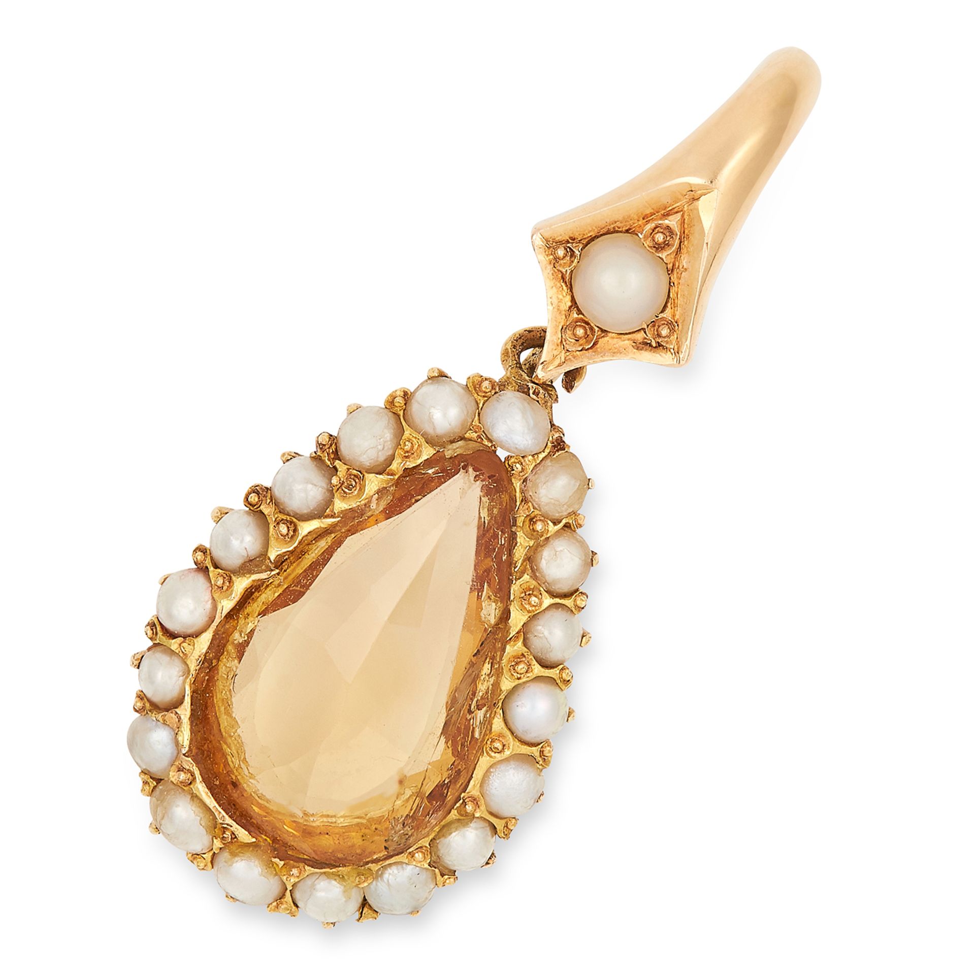 AN ANTIQUE IMPERIAL TOPAZ AND PEARL PENDANT, 19TH CENTURY set with a pear shaped, rose cut topaz and