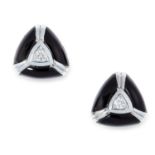 A PAIR OF DIAMOND AND ONYX EARRINGS each set with a round cut diamond in a border of three