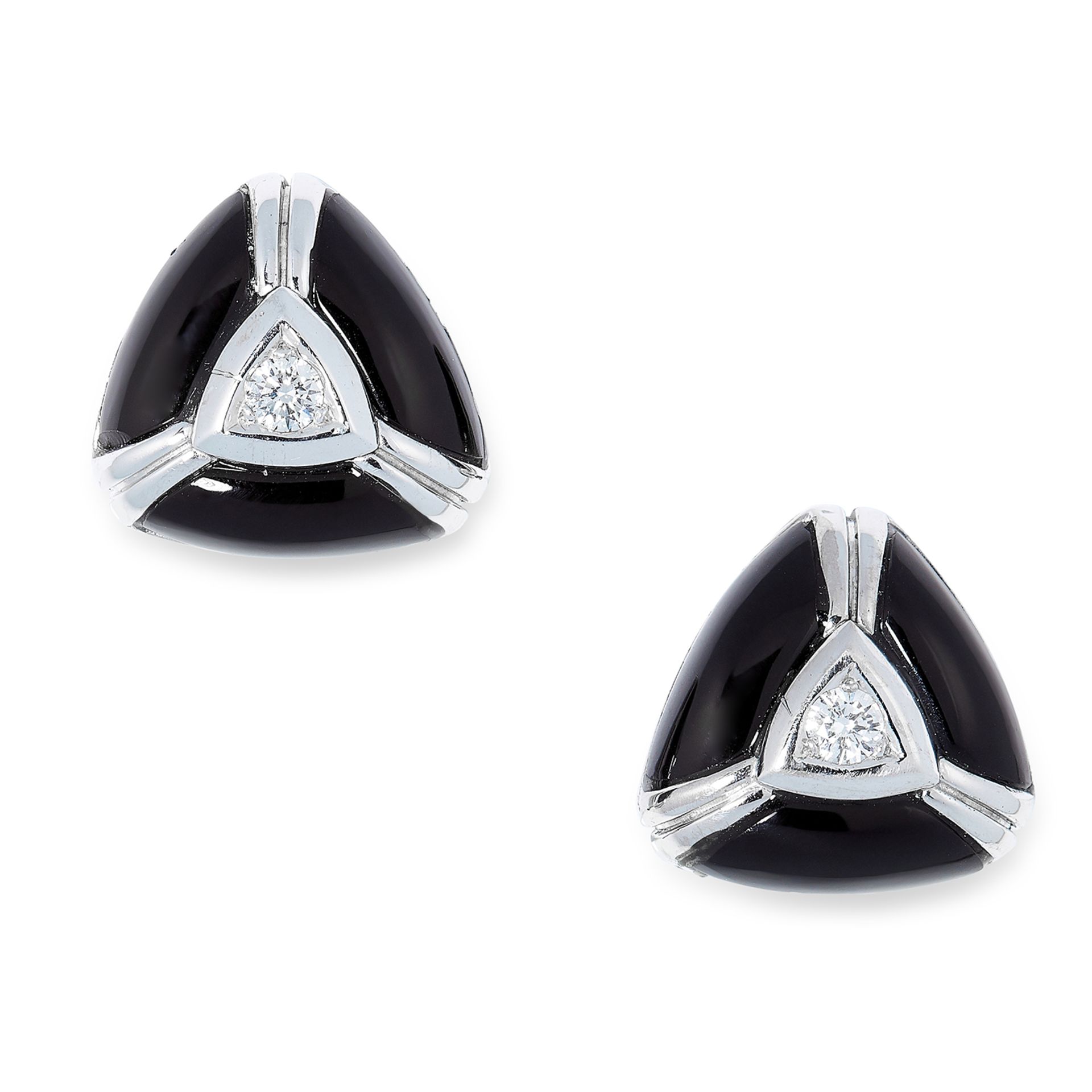 A PAIR OF DIAMOND AND ONYX EARRINGS each set with a round cut diamond in a border of three