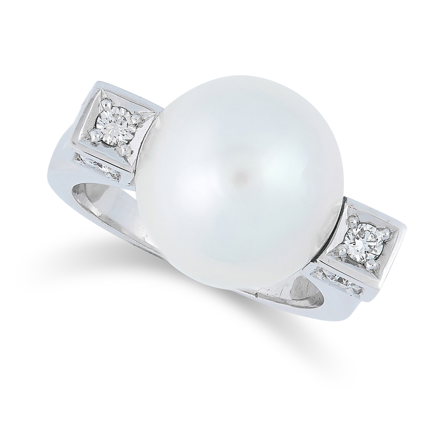 A PEARL AND DIAMOND RING set with a large pearl between round cut diamonds, size J / 5, 9.5g. - Image 2 of 2