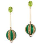 A PAIR OF PERIDOT, ENAMEL AND RUBY EARRINGS each set with an oval cut peridot suspending a ball