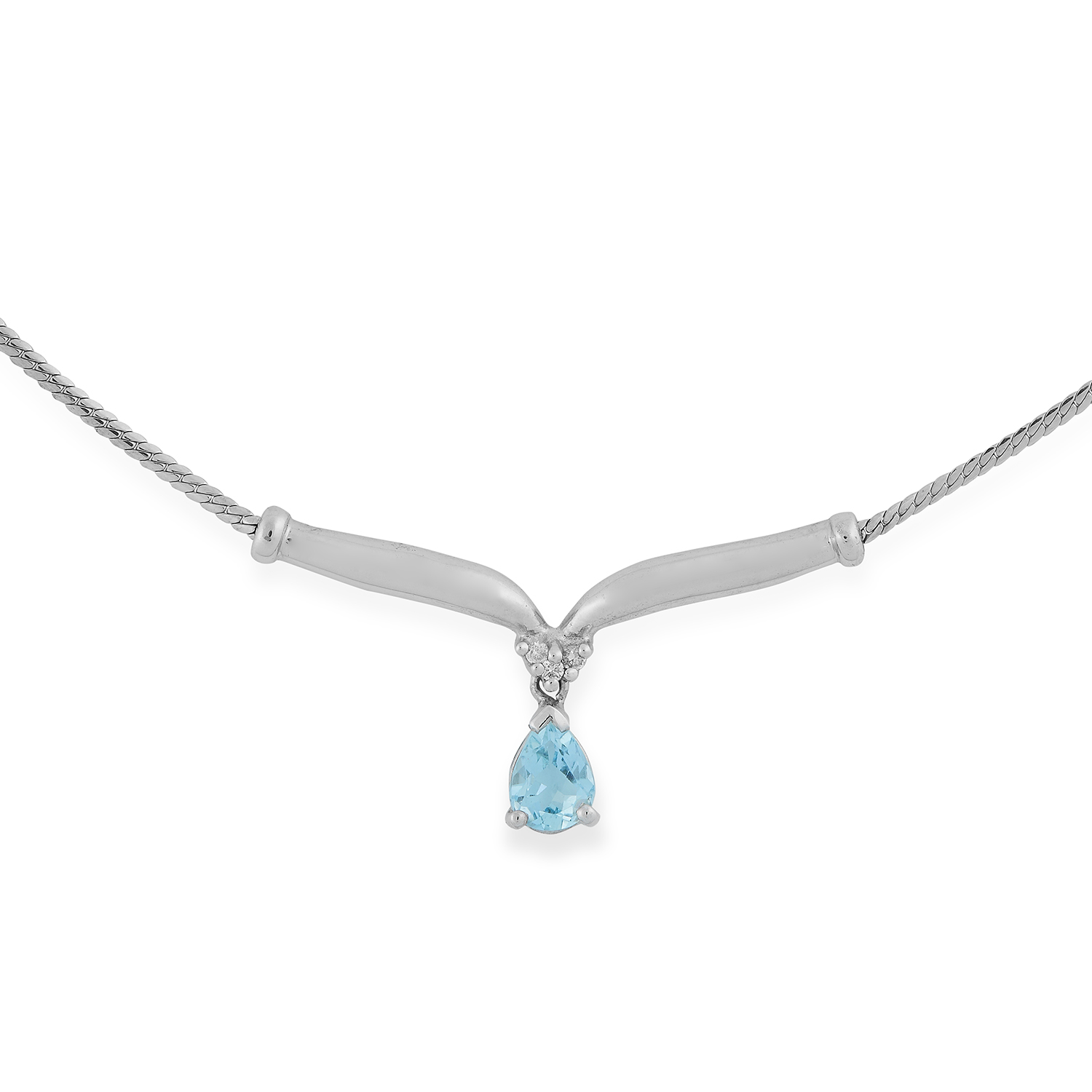 AQUAMARINE AND DIAMOND PENDANT set with a pear cut aquamarine below round cut diamonds, 44cm, 4.2g.