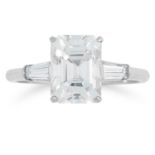 2.48 CARAT DIAMOND RING set with an emerald cut diamond of 2.48 carats between two tapered baguette