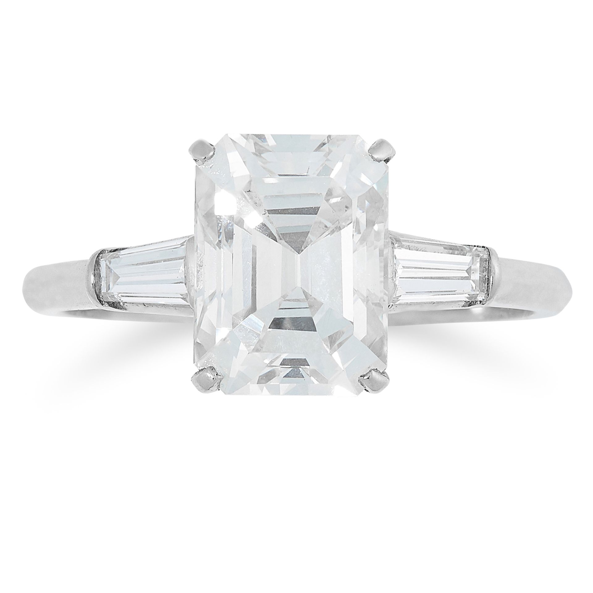 2.48 CARAT DIAMOND RING set with an emerald cut diamond of 2.48 carats between two tapered baguette