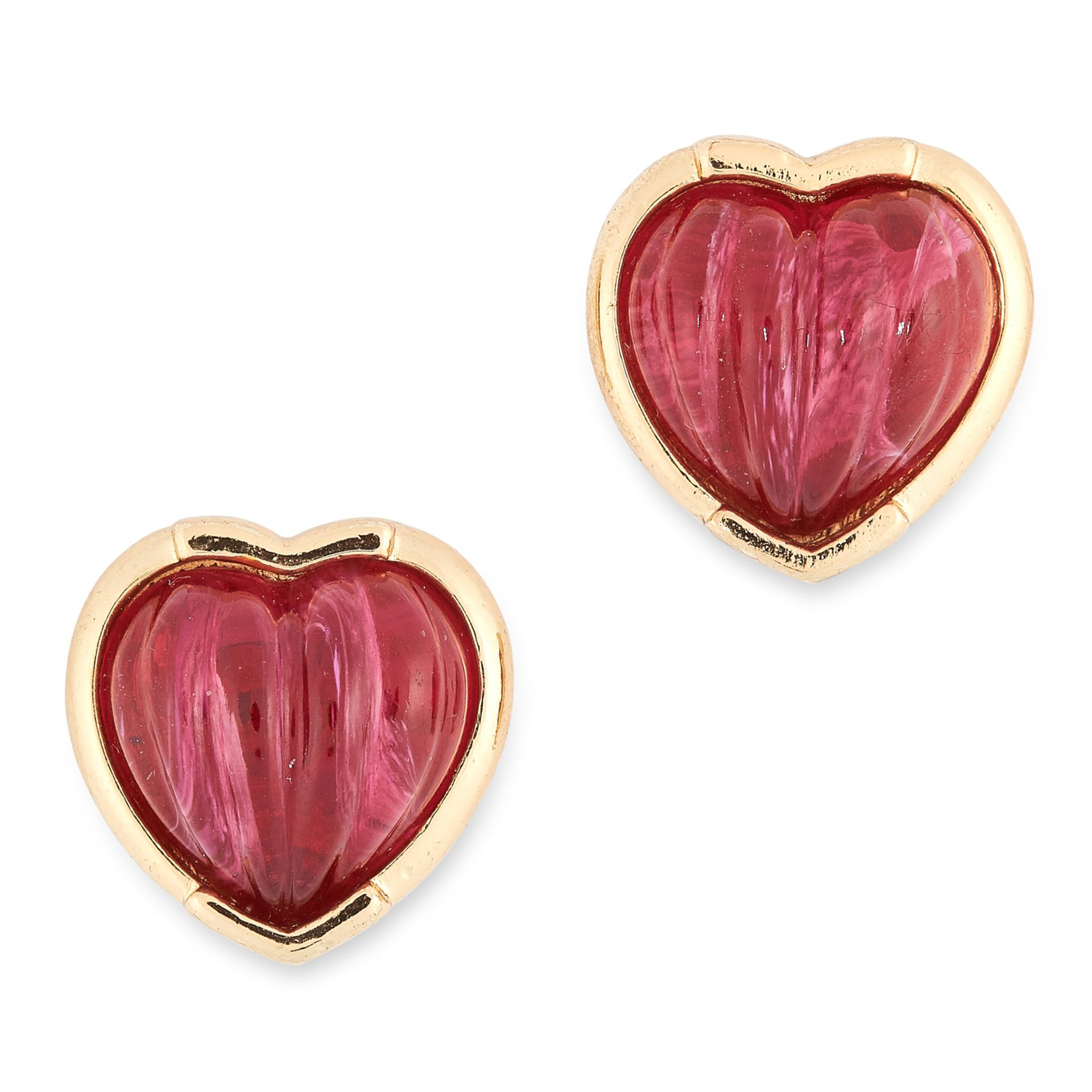 CRYSTAL HEART EARRINGS each set with polished red crystals, 1.7cm, 15.3g.