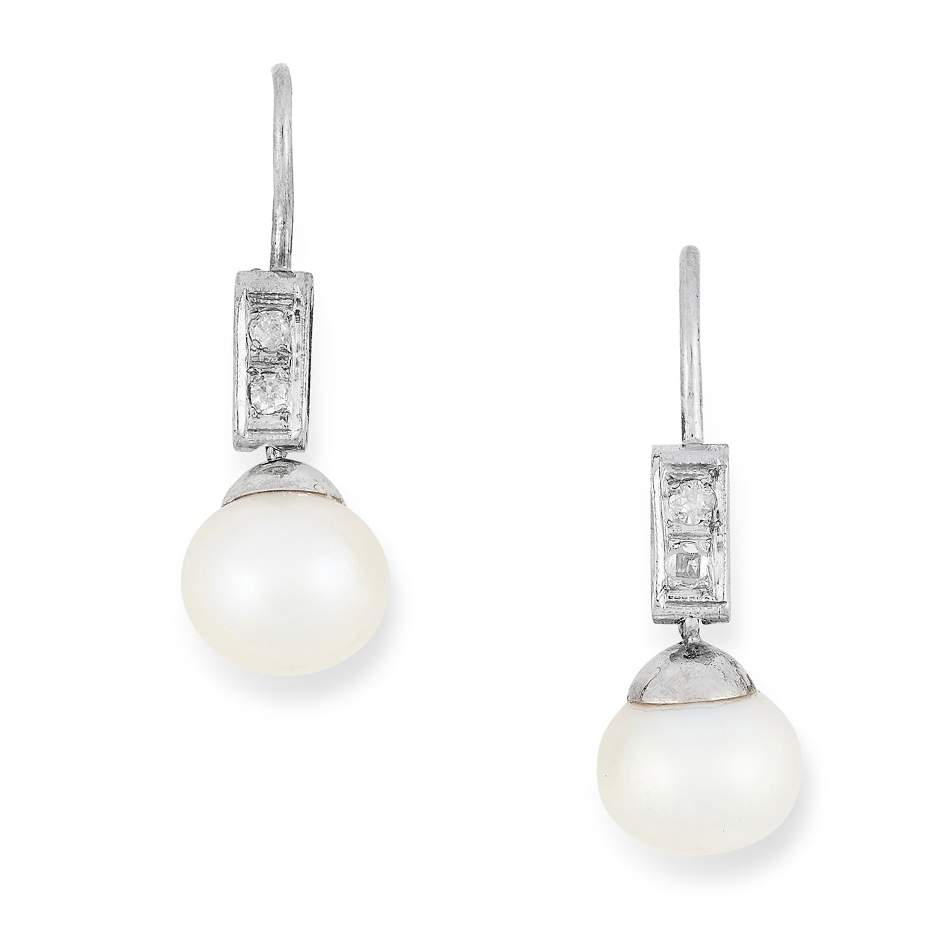 A PAIR OF PEARL EARRINGS each set with two round cut stones, suspending a pearl, 2.2cm, 2.6g.