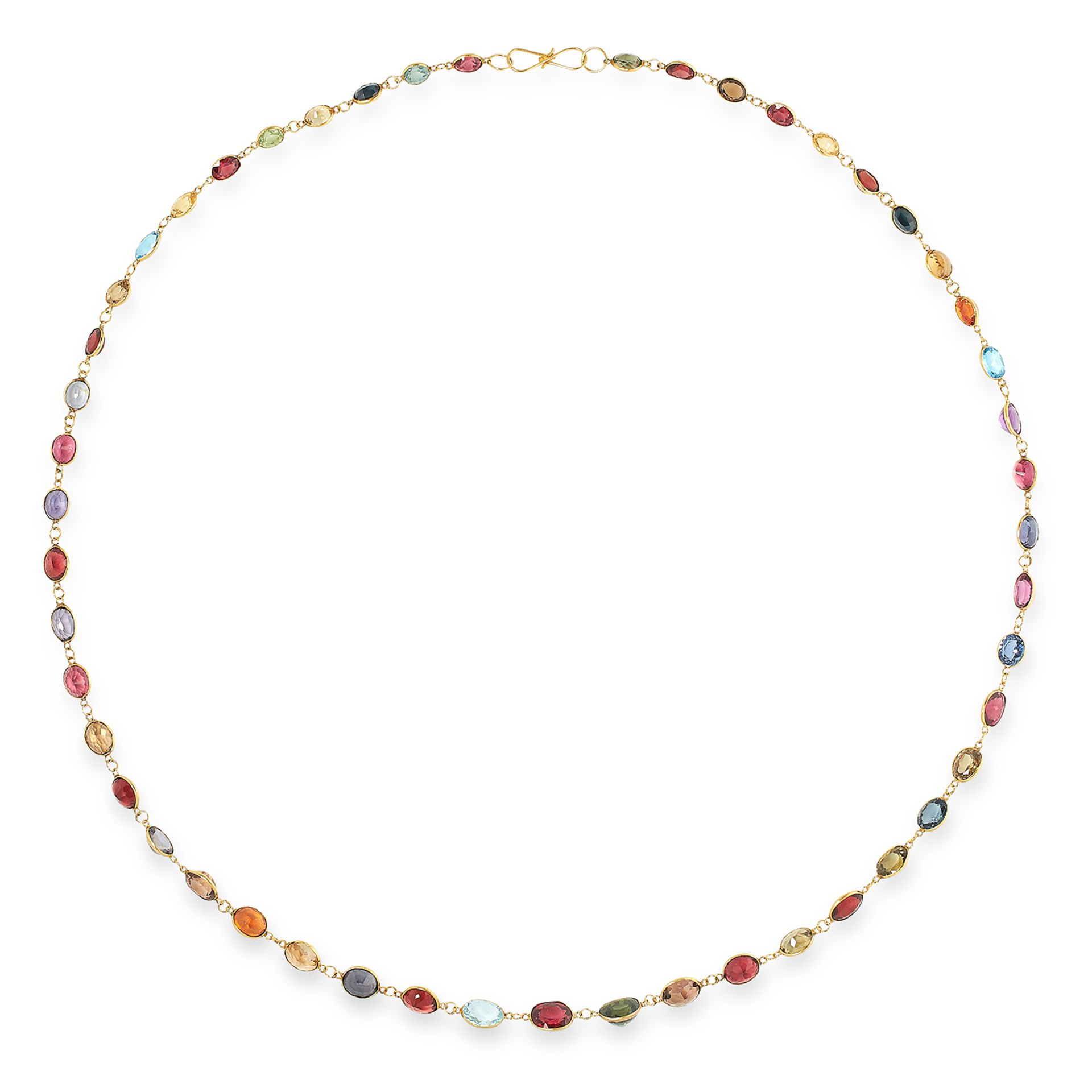 GEMSET NECKLACE comprising of a long fine chain set with oval cut topaz, garnets, prasiolite and