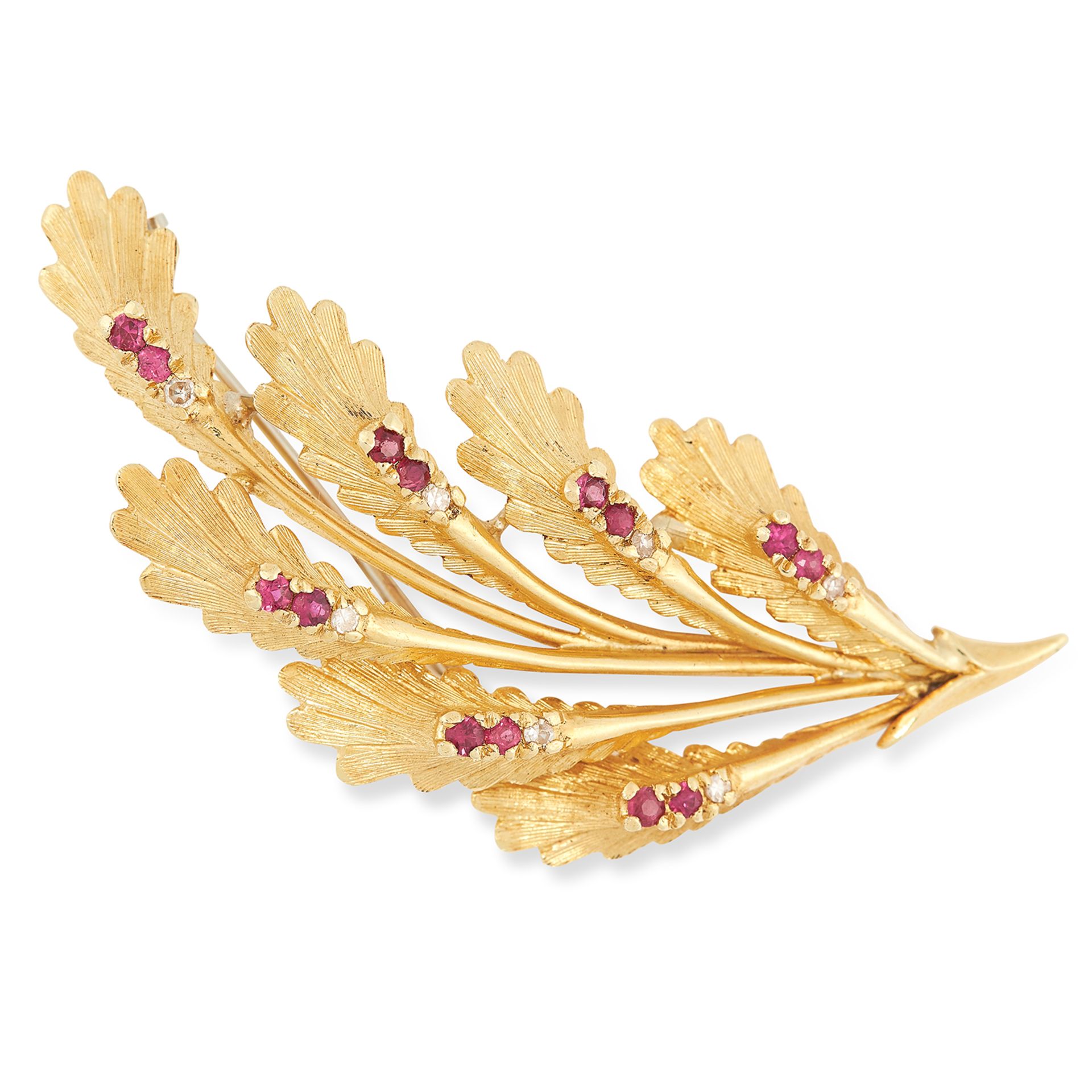 RUBY AND DIAMOND OAK LEAF BROOCH the oak leaf set with round cut rubies and diamonds, 5cm, 9.3g.