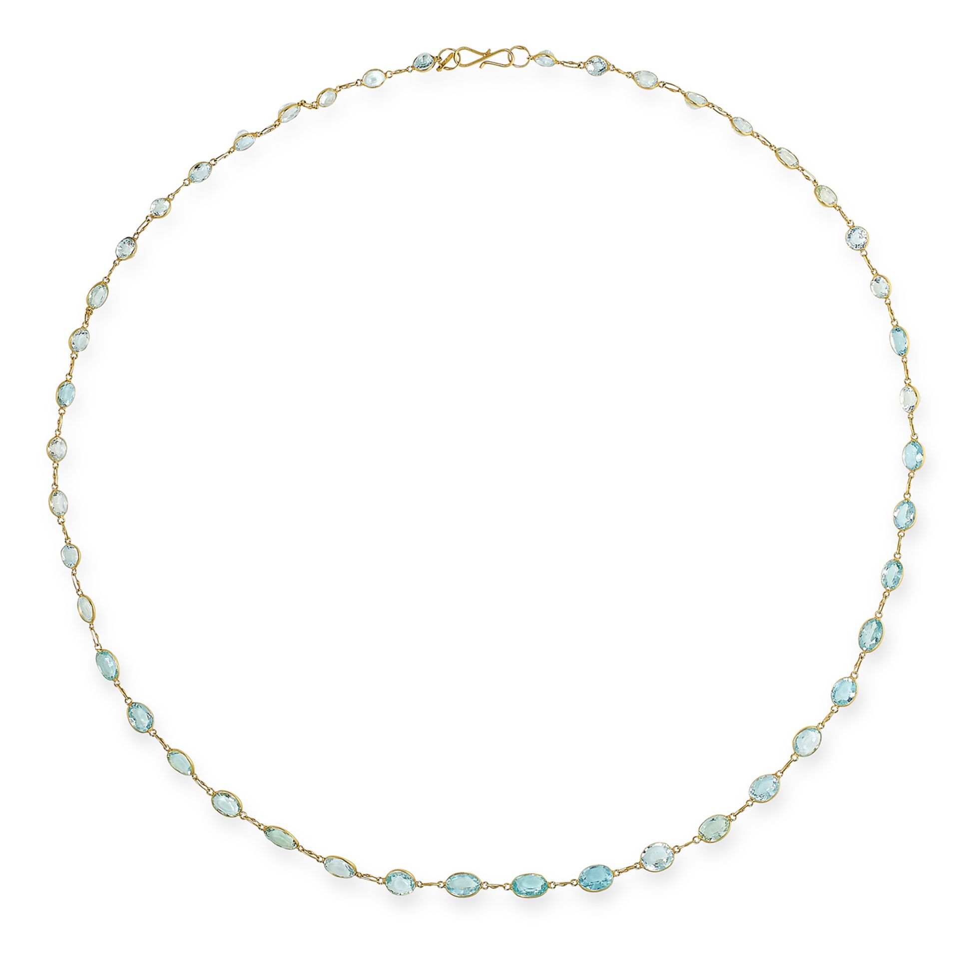 AQUAMARINE NECKLACE set on a fine link chain with oval cut aquamarines, 54cm, 6.7g.