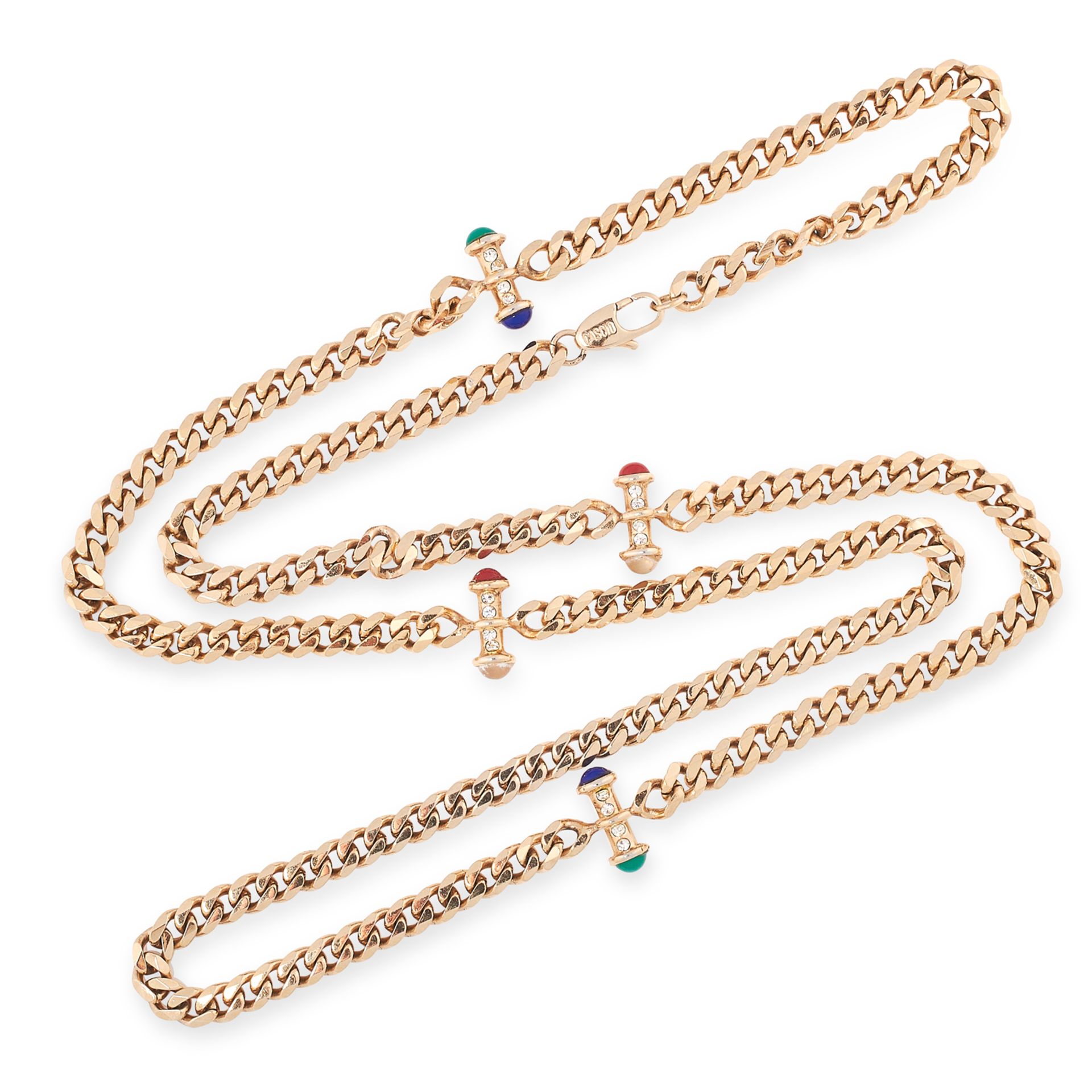 GEMSET CURB NECKLACE comprising of a curb chain set with polished gem links, 88cm, 63.3g.