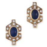 A PAIR OF SAPPHIRE AND DIAMOND EARRINGS each set with a cabochon sapphire in a border of round cut