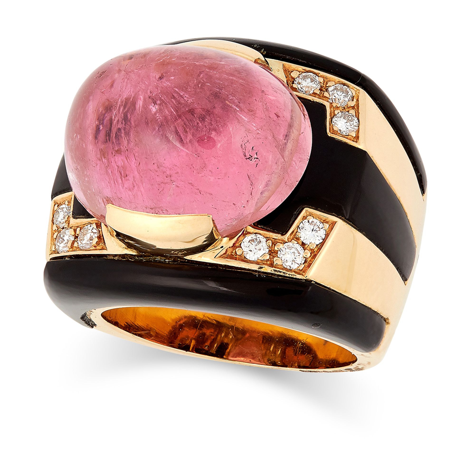 A RUBELLITE, ONYX AND DIAMOND RING in geometric design set with a cabochon rubellite, polished