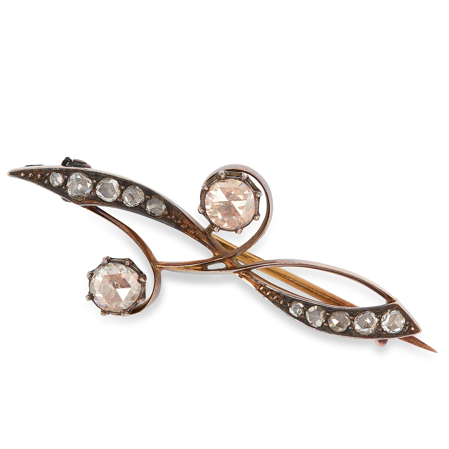 ANTIQUE DIAMOND AND PASTE BROOCH set with rose cut diamonds and paste in scrolling design, 4cm, 5.