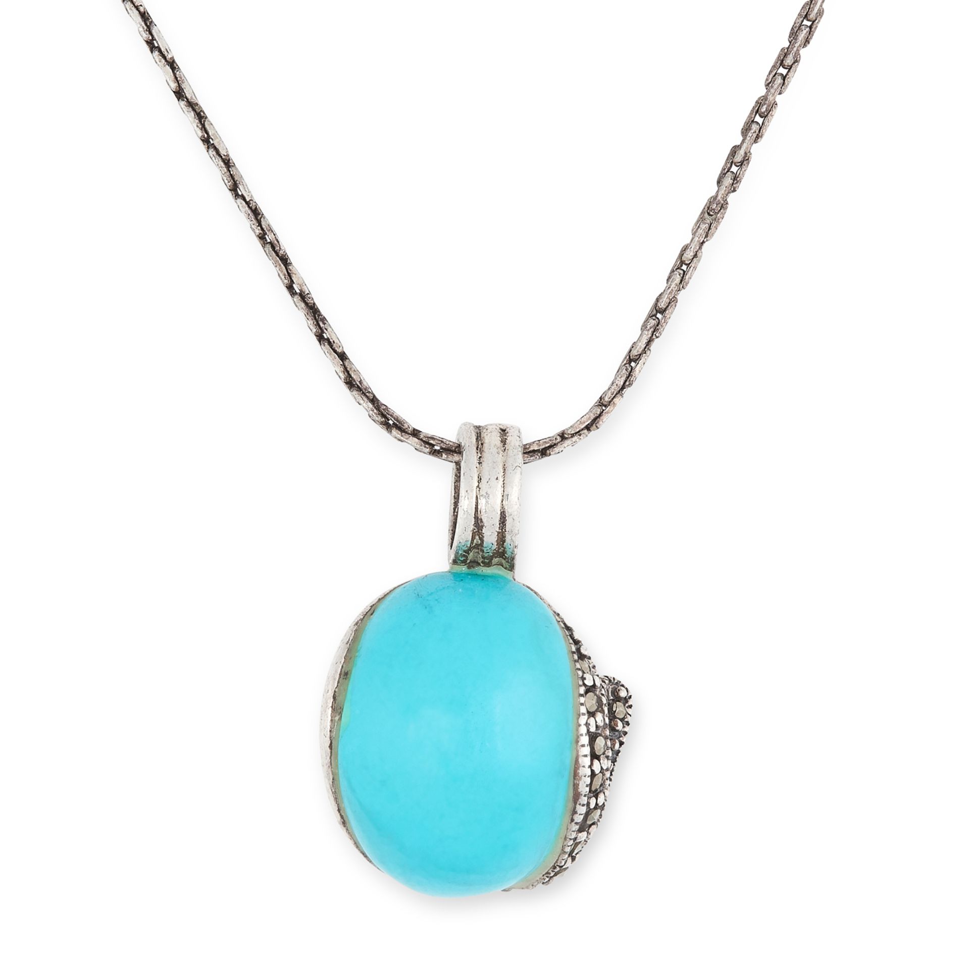 TURQUOISE AND MARCASITE PENDANT set with a cabochon turquoise in a border set with round cut